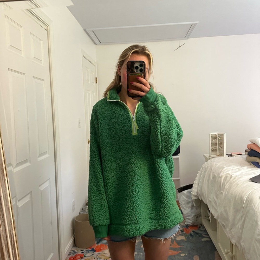 Aerie Green Zip Up Sweater with Ribbed Cuffs